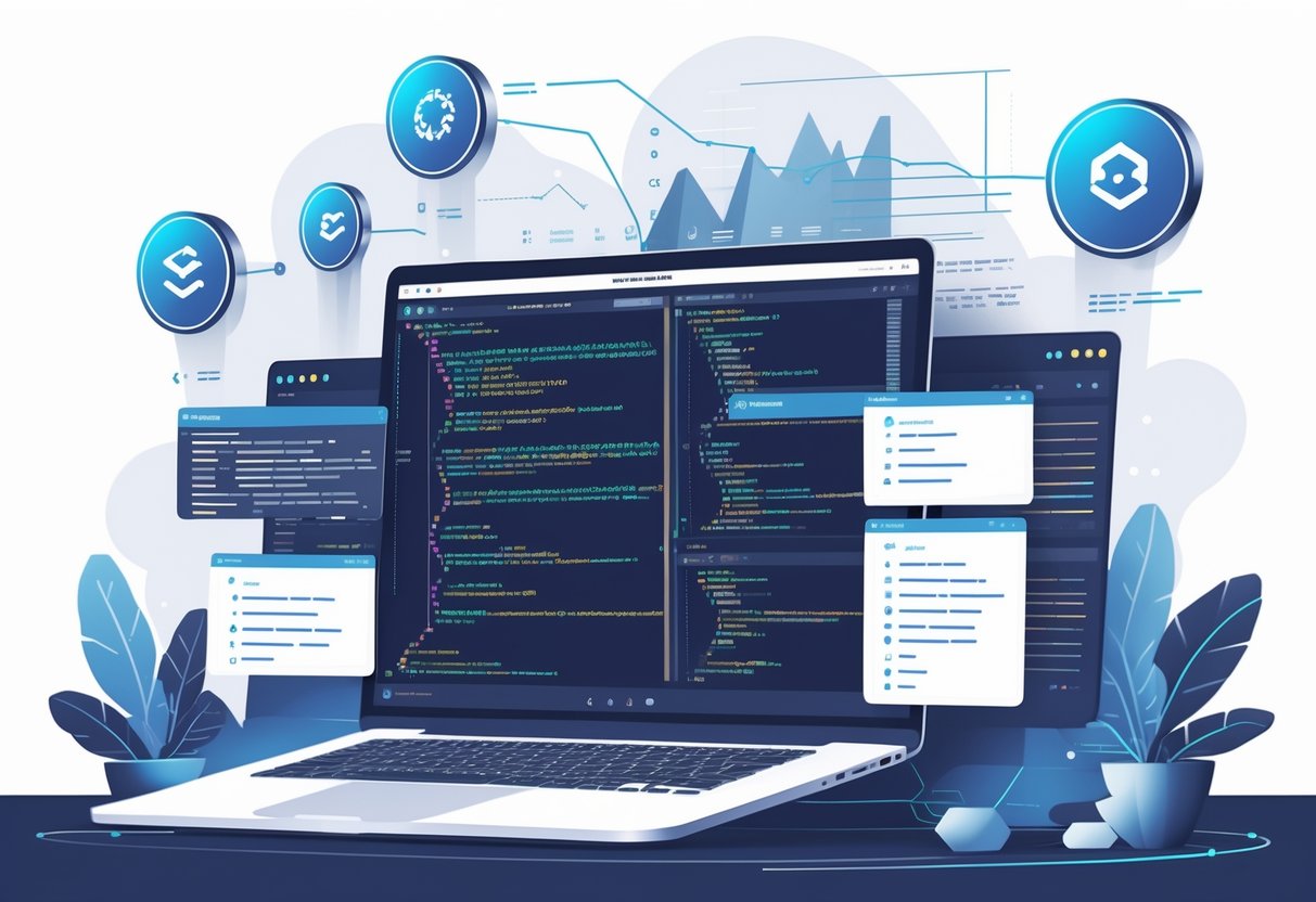 A workspace with a laptop showing code and terminal windows, surrounded by floating icons representing Git concepts and data visualizations.
