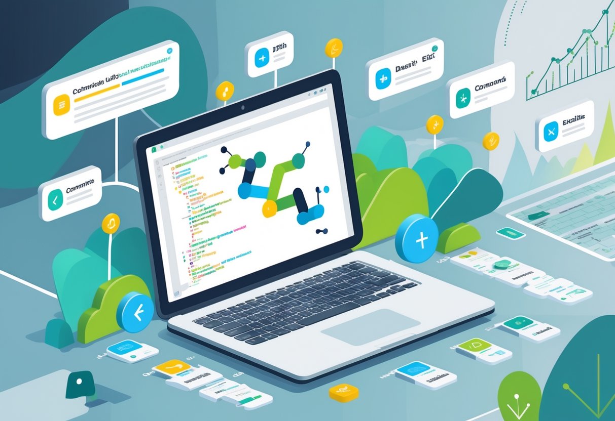A workspace with a laptop showing a Git interface with branching diagrams and icons representing Git commands, surrounded by data charts and graphs.