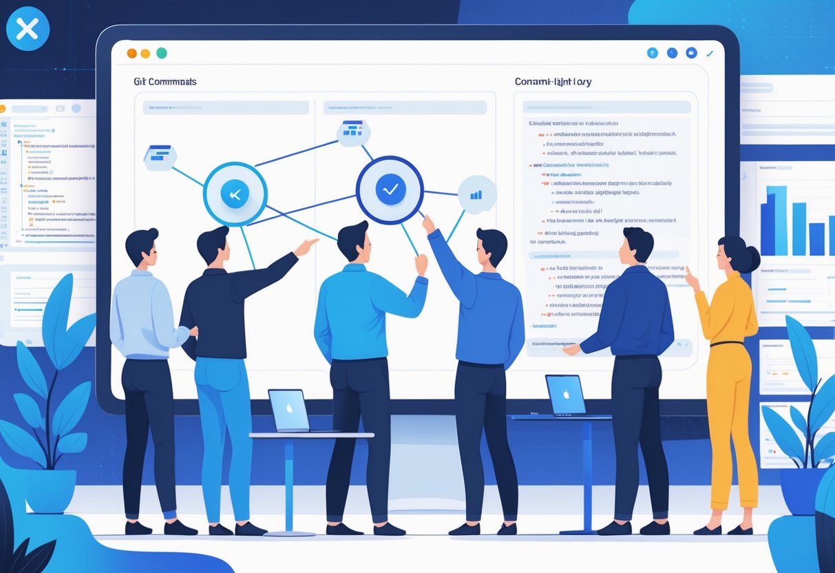 A group of data professionals collaborating around a large digital screen showing visual representations of Git commits and branches in a modern workspace.
