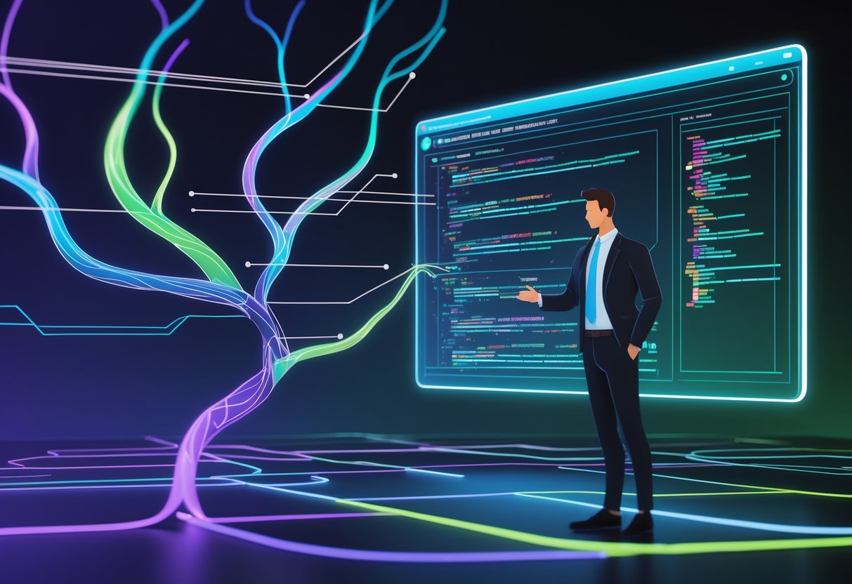 A data professional interacting with a holographic interface showing interconnected branching paths and data elements representing Git commands and workflows.